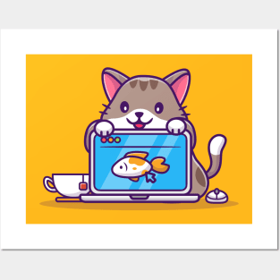 Cute Cat And Laptop Posters and Art